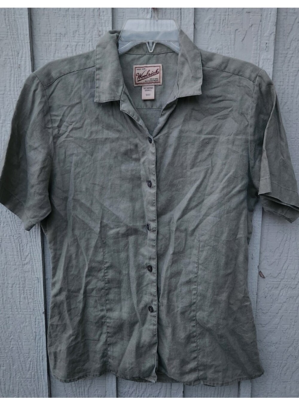 Woolrich Light Olive Green 100% Linen Short Sleeve Button-Down Shirt Small
